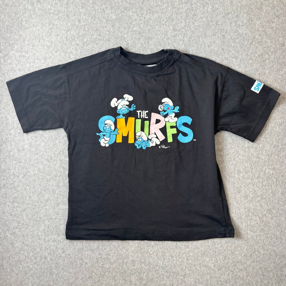 ZARA Smurfs T-Shirt Girls 7/8 Graphic Black Nostalgic Short Sleeve Cotton